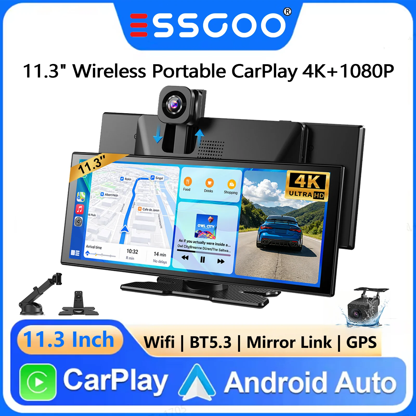 ESSGOO 11,3" 4K+1080P Auto-Doppel-Aufnahmegerät DVR Videorekorder Tragbarer Universeller Kabelloser CarPlay & Android Auto Nachtsicht WiFi GPS-Navigation FM BT5.3 AUX Mirror Link für Autos, LKWs,