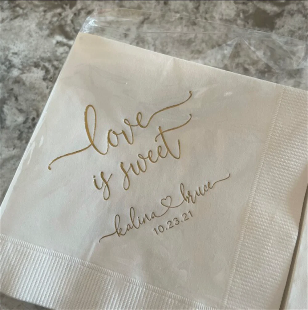 50PCS Wedding Napkins Custom Printed Love is Sweet Beverage Cocktail Luncheon Dinner Guest Towel Napkins Imprinted Foil Stamped