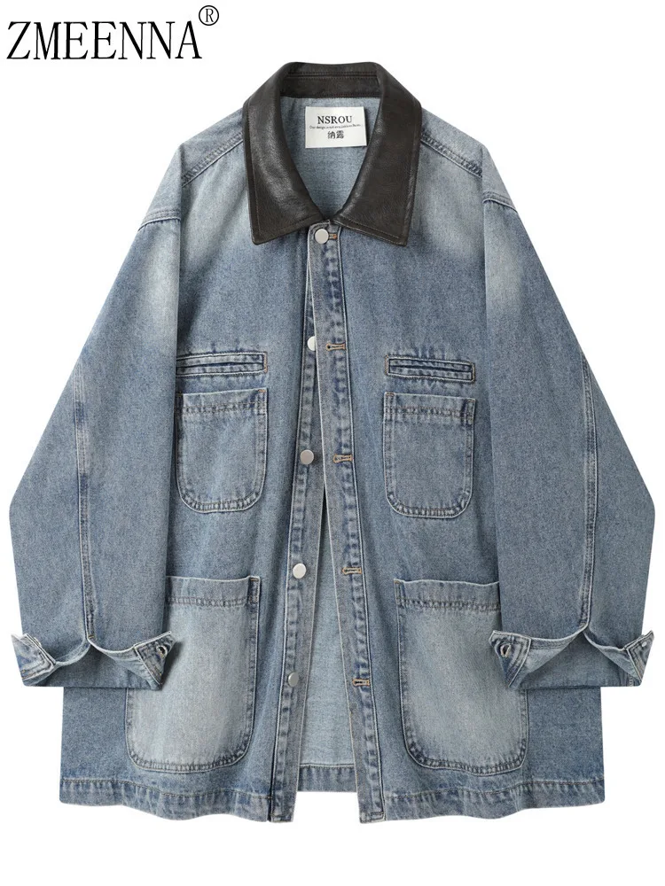 Damska lekka kurtka jeansowa ZMEENNA z czarnym kołnierzem ze skóry PU, zapinana na guziki, kurtka typu shacket z czterema kieszeniami, jesienna, model ZM4281