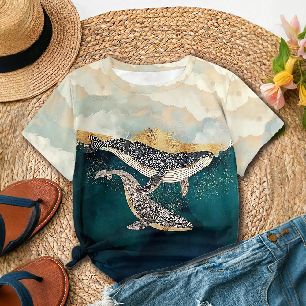 

3D Printed Girls Street Watercolor Whale Pattern Women's White T-shirt Casual Style Summer Round Neck Short Sleeve Y2k Tops
