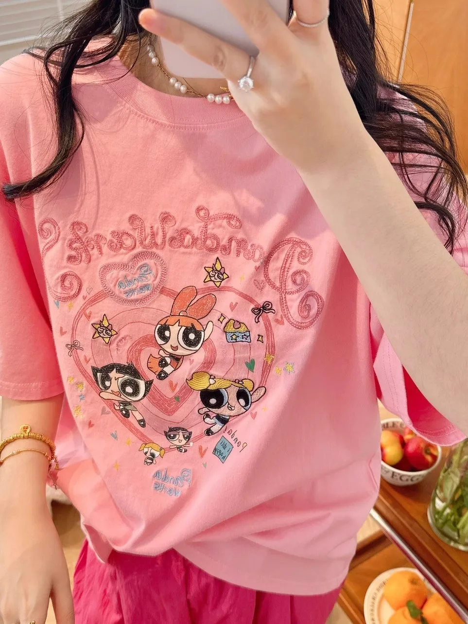 Pure Cotton ort Sve T-irt ex Printed Design Korean Sle Loose Fit Summer Wear Moisture ng round Ne Top