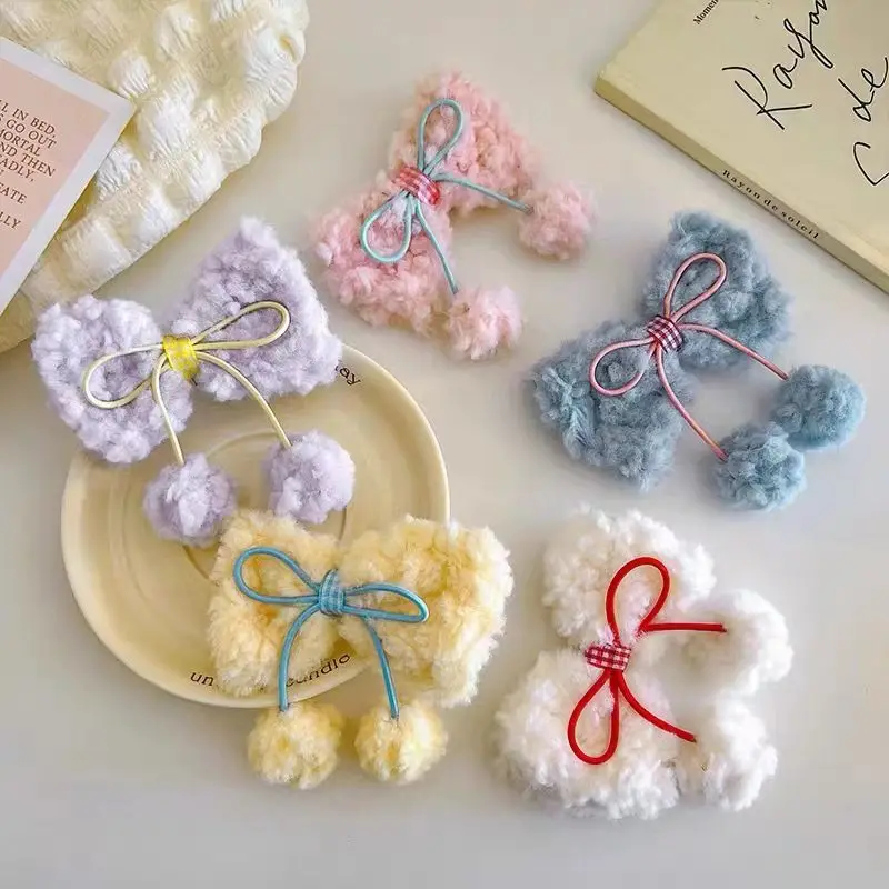 

1pc Creamy Lamb Fur Bow Hair Clips Sweet Puff Ball Side Bangs Duckbill Clips Cute Girly Heart Hair Clips