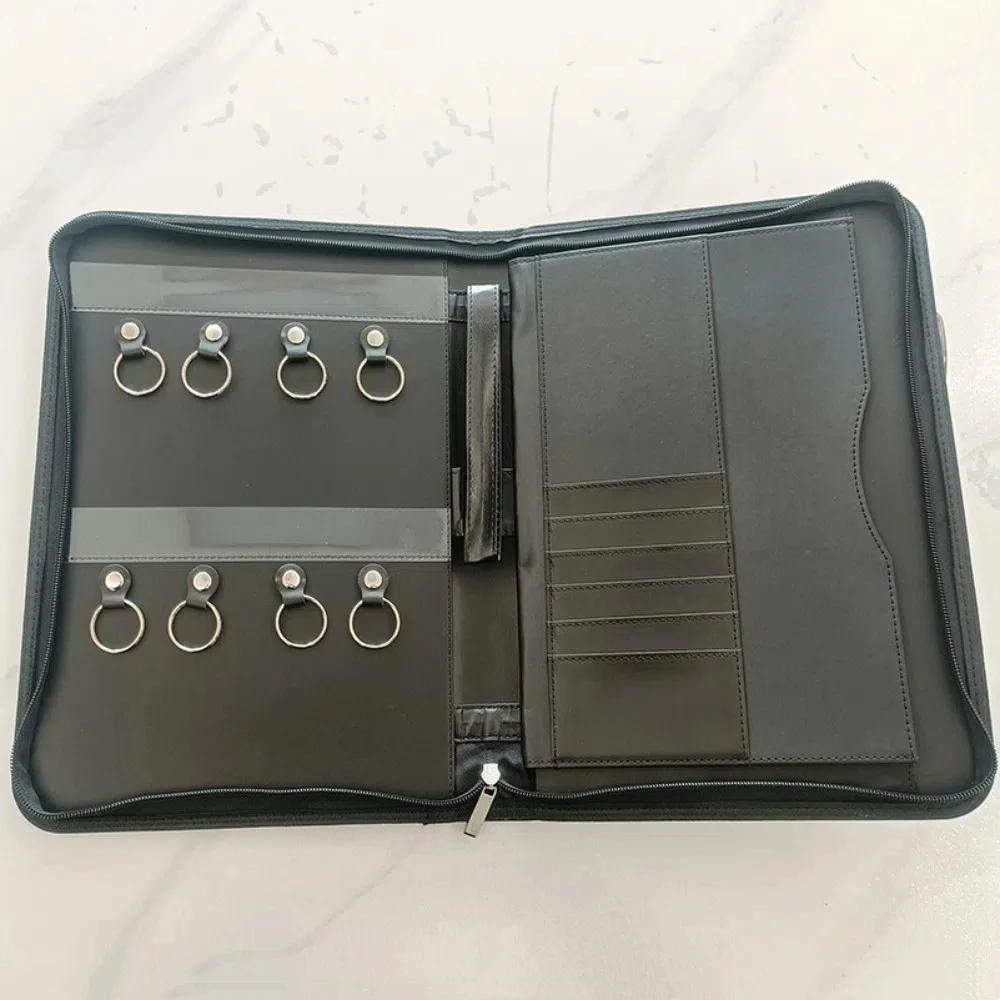 PU Leather Business Key Storage Bag with Zipper Large Capacity A4 File Folder Card Slots Pen Insert Business Manager Clip