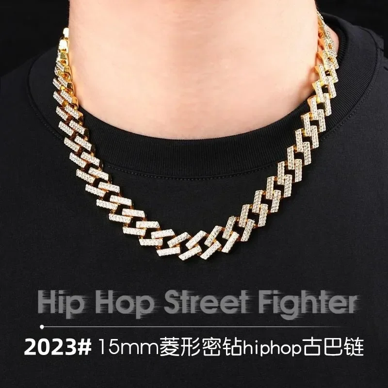 

shengfenghua 10 pieces 15Mm rhombus full drill male and female alloy necklace, high sense trend personality hip hop rap Cuban ch