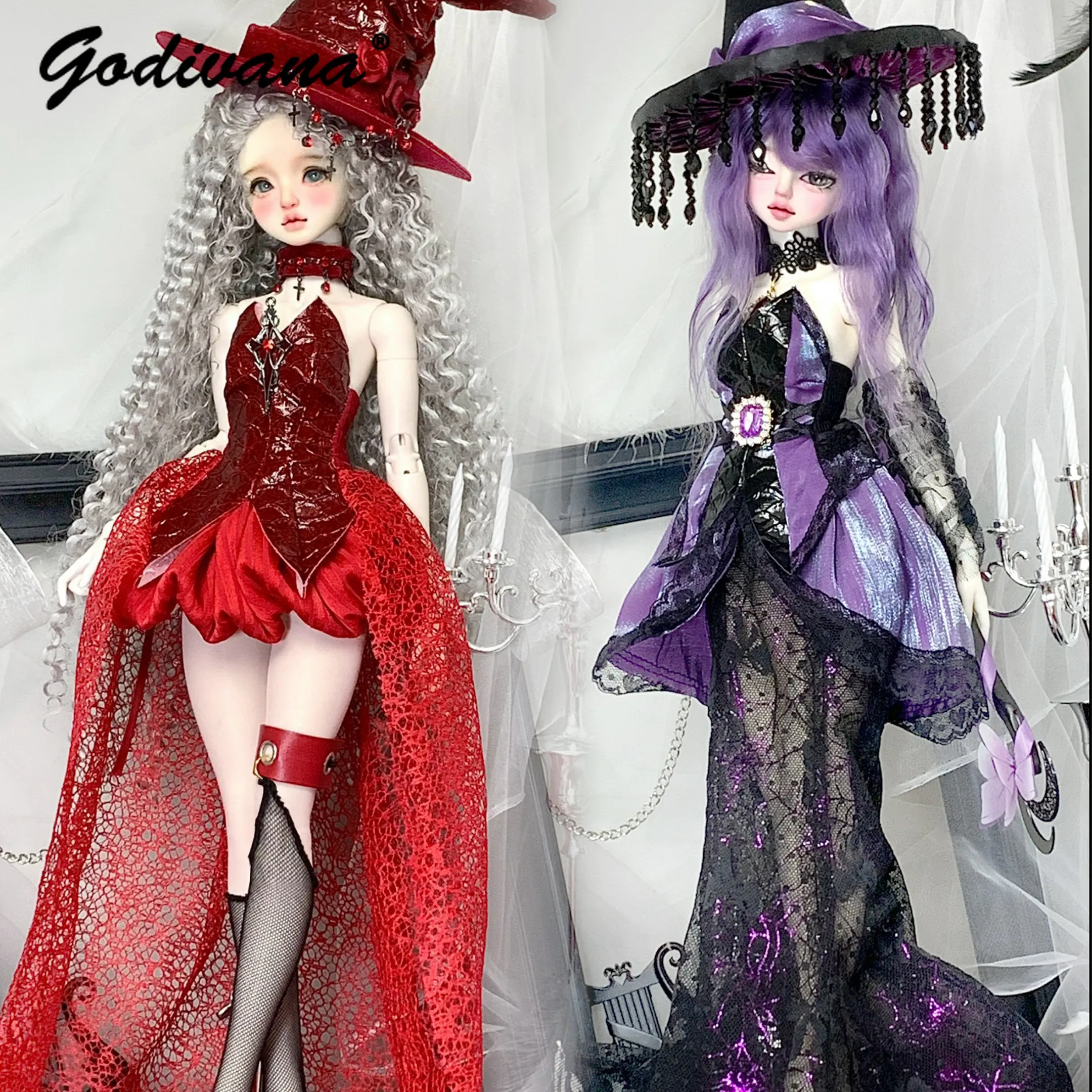 Gothic Witch Style BJD Doll Outfit Halter Corset Dress Big Brim Hat Choker Gloves Train Evening Gown for 1/4 BJD Doll Clothes