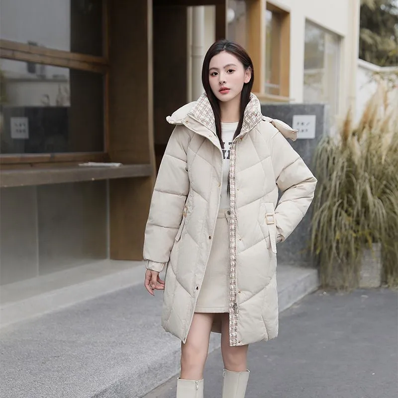 Women\'s Stitching Cotton-padded Parkas Coat 2025 Winter New Female Long Detachable Hat Jacket Padded Cotton Overcoat