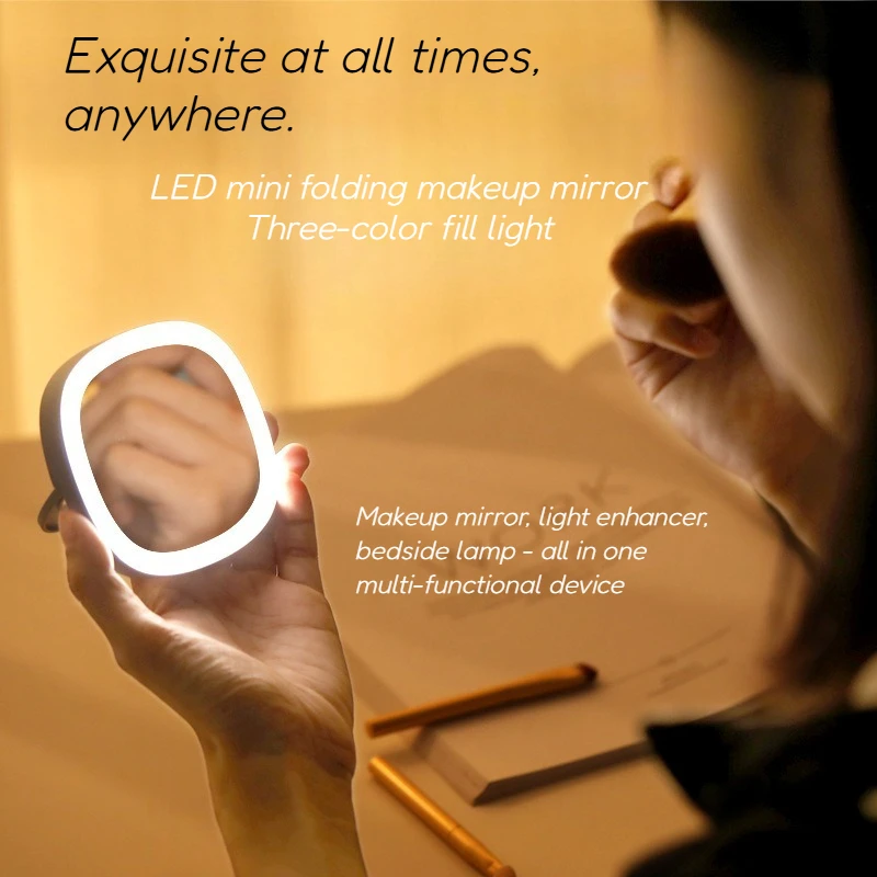 Portable LED Folding Mirror Mini Decorative Mirror High-definition Mirror Surface 3-color Light Diffuser Home Decoration Item