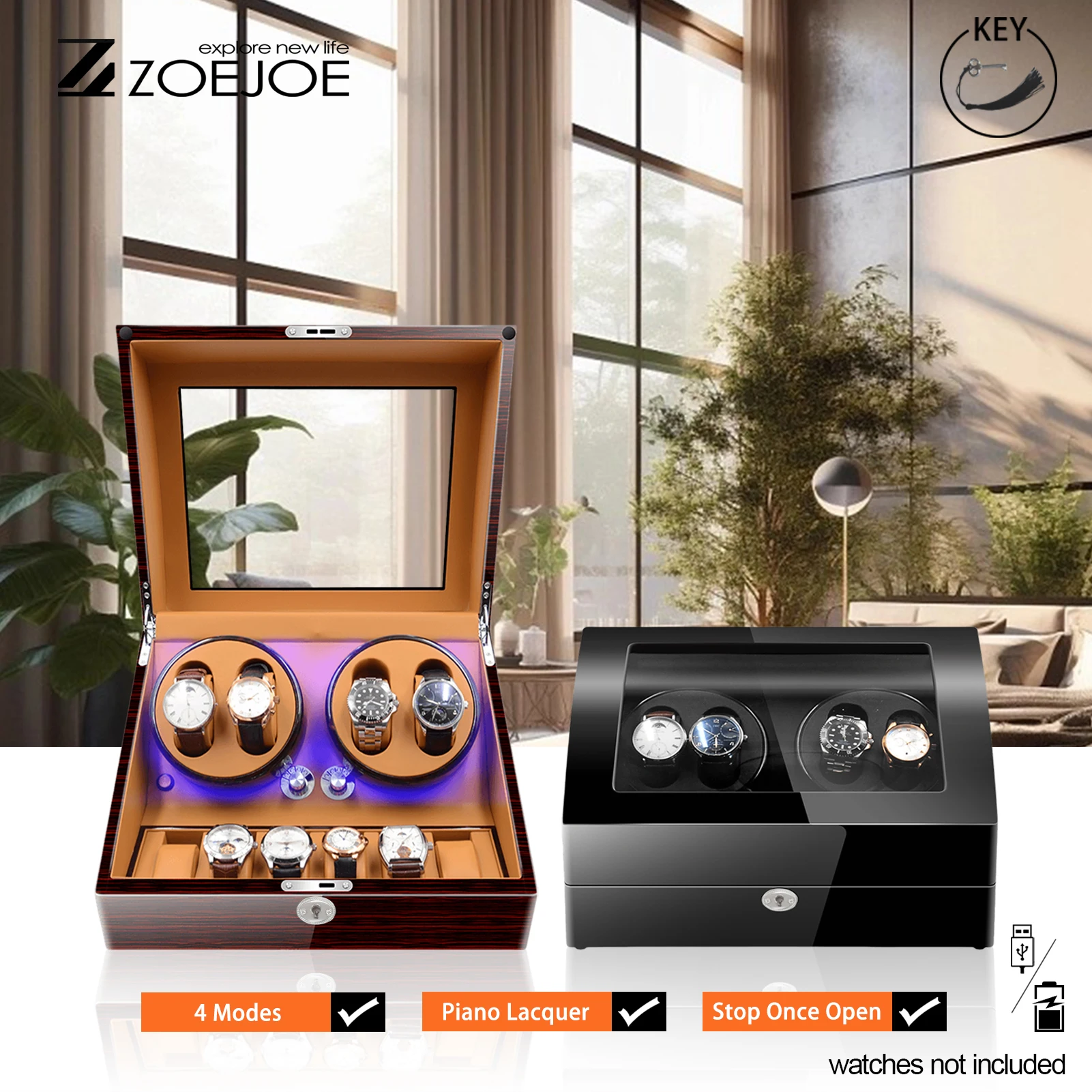 

ZOEJOE 4+6 Slots Automatic Watch Winder For Men Safe Watch Box With Key Knocking Sliently Operate Watch Winders For Household