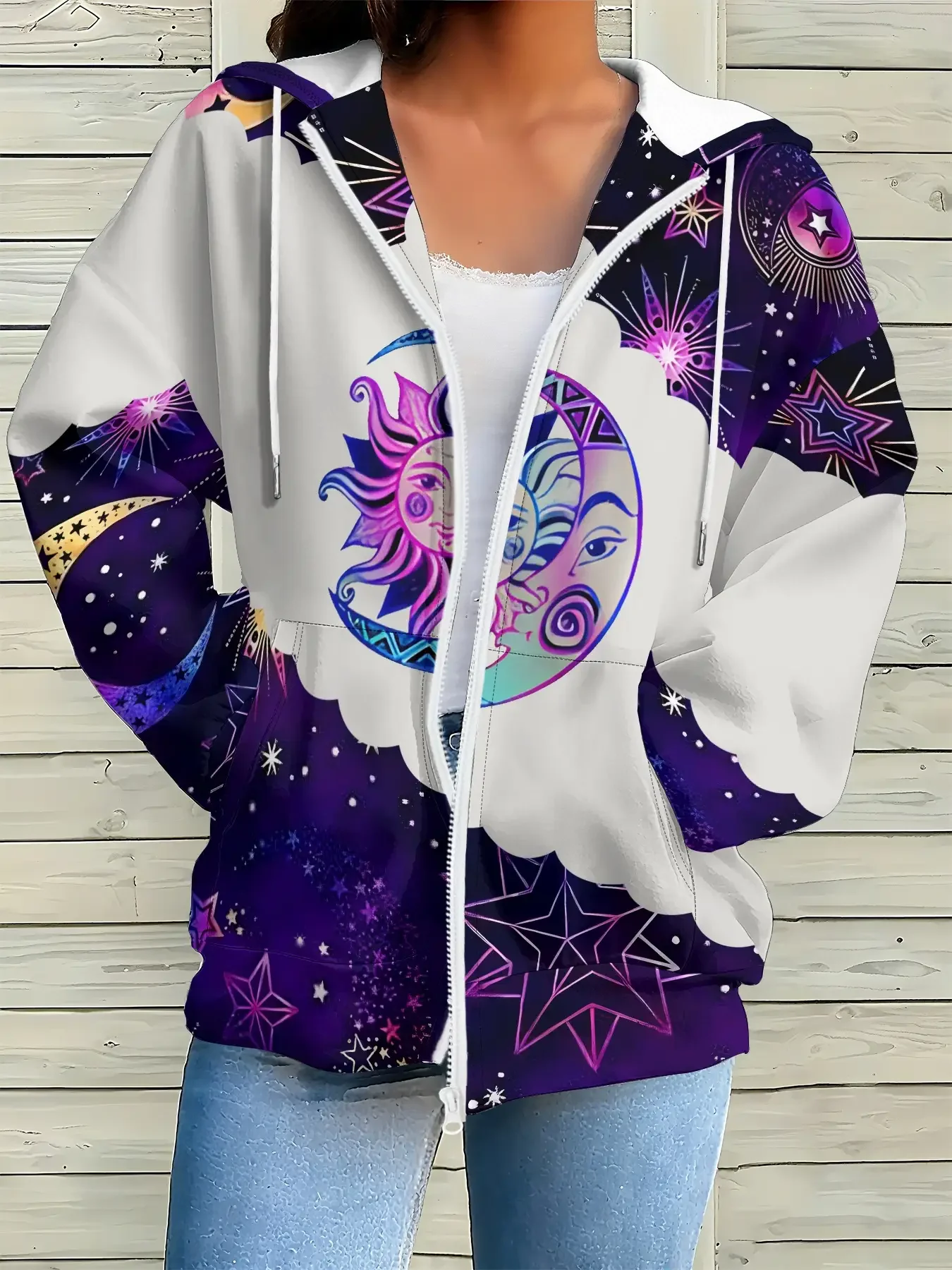 

Autumn and winter women's long sleeved loose new jacket with zipper pockets, open top jacket, Printing design,
