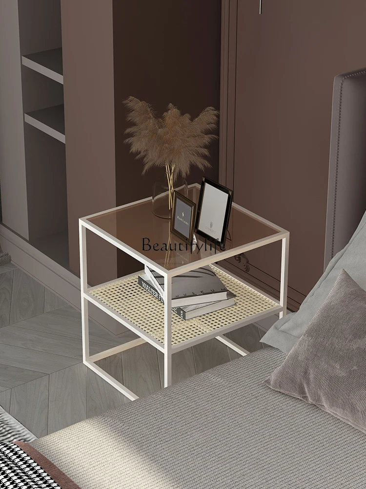 Nordic Bedside Table Simple Modern Small Side Table Simple Glass Iron Minimalist Rattan Woven Bedside Cabinet