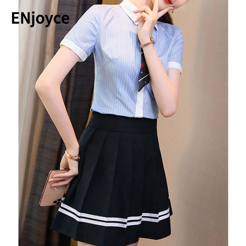 Women Professional Blue Striped Shirt and Pleated Skirt Summer Short Sleeve Work Wears Two Pieces Sets Slim Uniform Suits