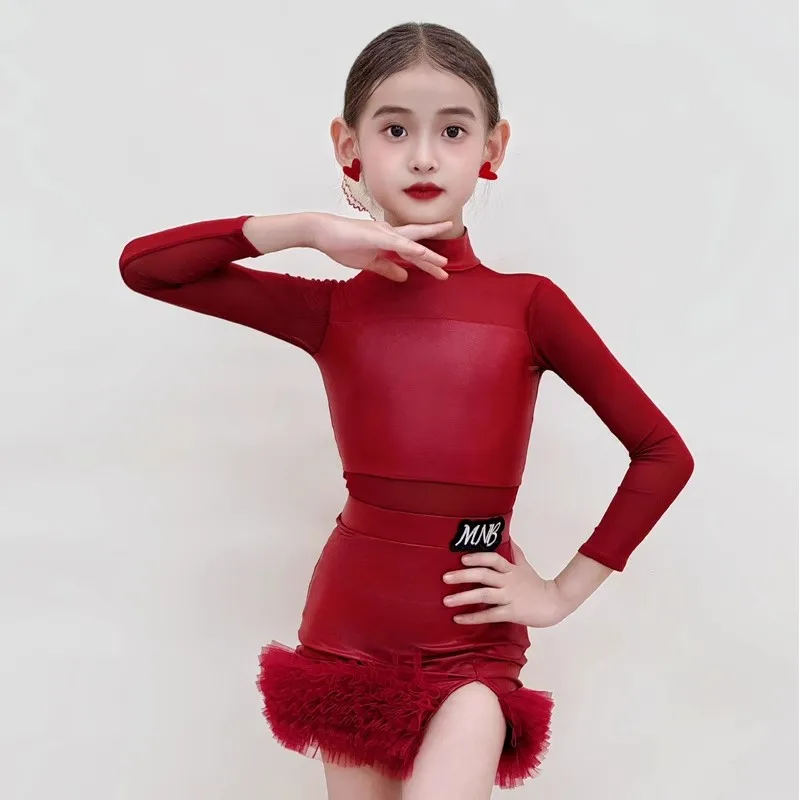 2025 Mesh Long Sleeve Top Skirt Split Suit Latin Dance Dress Chacha Rumba Dance Performance Costumes Competition Suit DQL12011