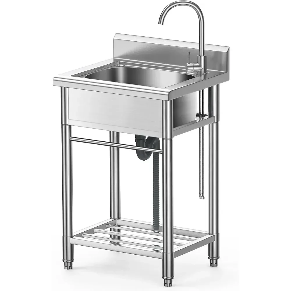 

Utility Sink, Stainless Steel Sink, Single Bowl Freestanding Sink Kitchen Sinks with Hot & Cold Hoses Outdoor Sink