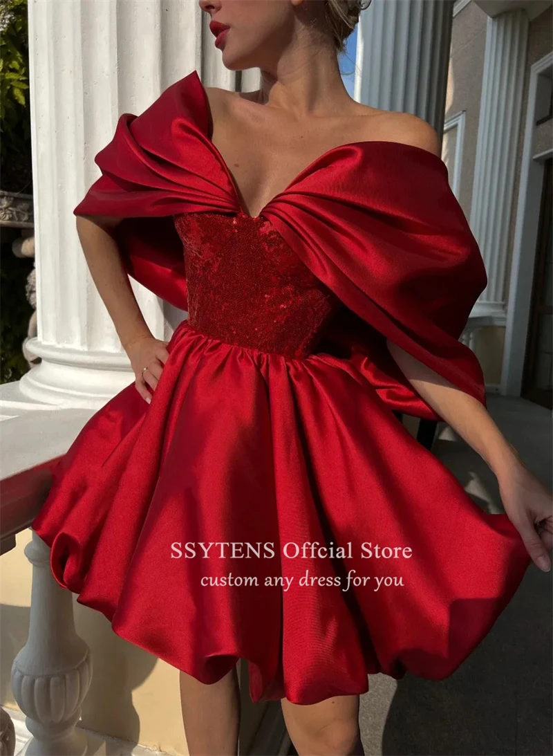 SSYTENS Off The Shoulder Party Gown Red Deep V Neck Graduation Dress A Line Princess Mini Evening Dresses Engagement Prom Gowns