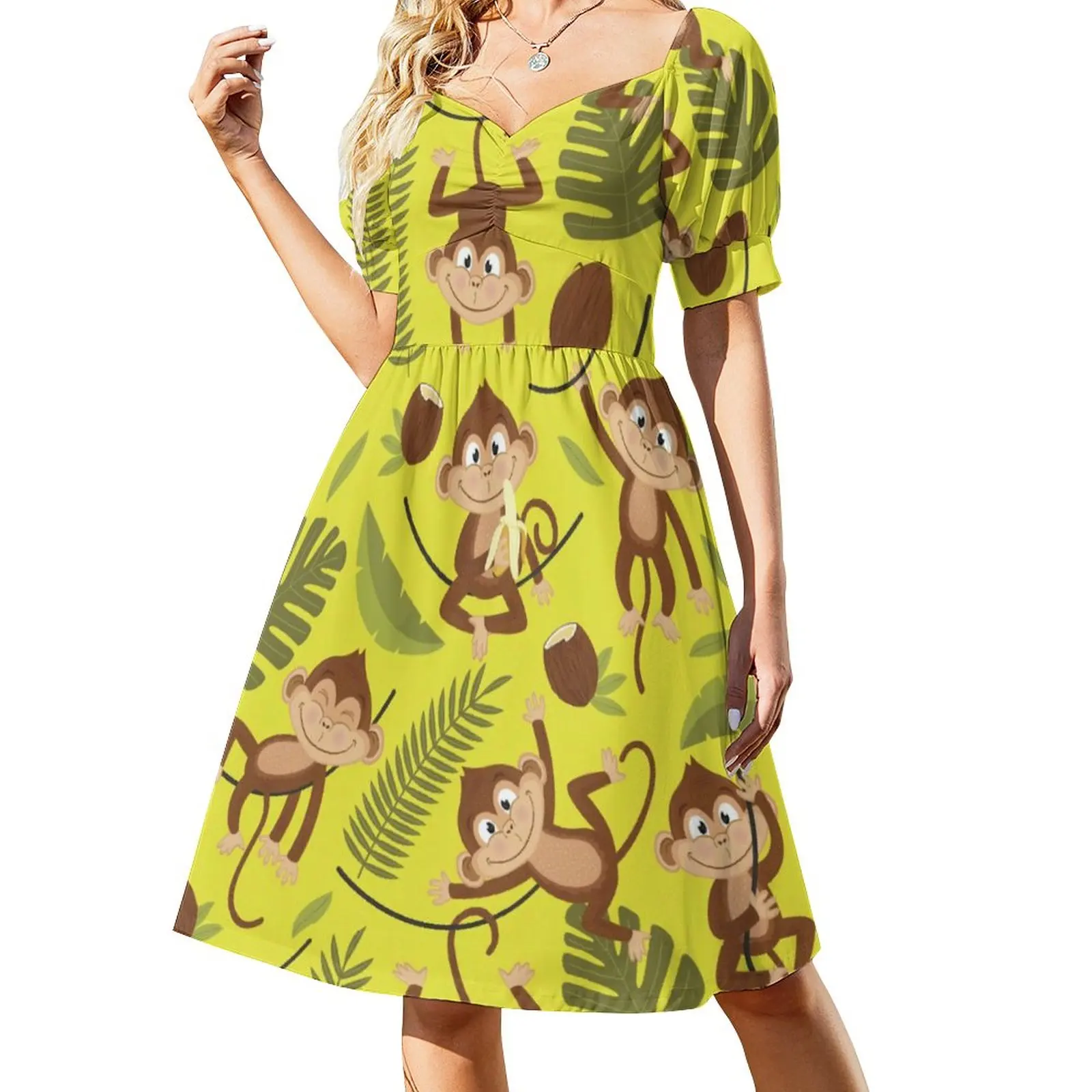 

Monkey Tropical Banana Palm Trees Casual Dress Street Style Dresses Cute Dress Women V Neck Big Size Vestidos