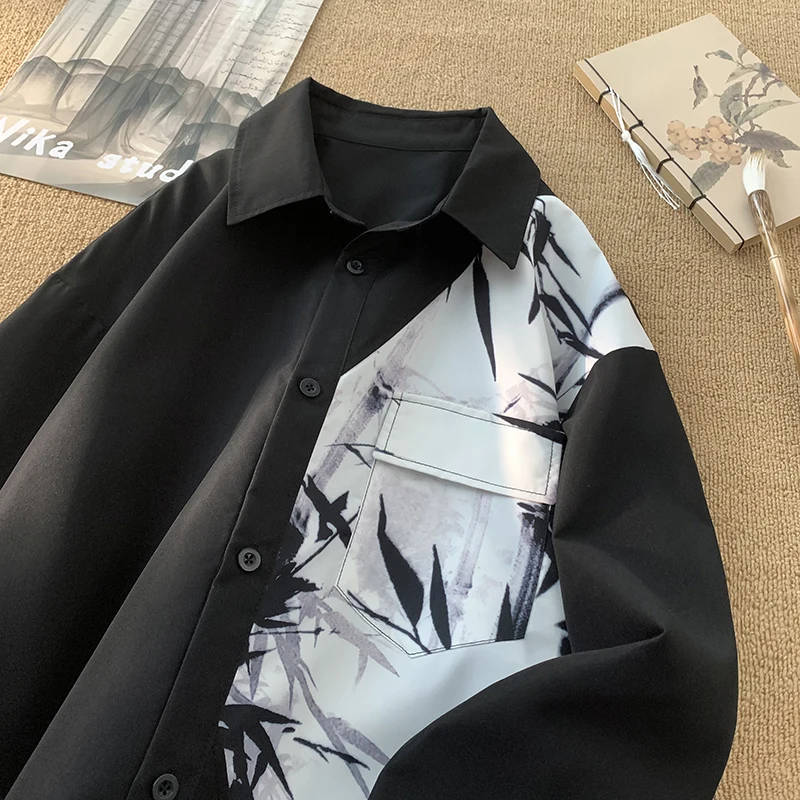 Men's Printed Shirt Asian Casual Ink Painting New Fall Long Sleeved Lapel Shirt Black And White Color Clash Shirt Jacket