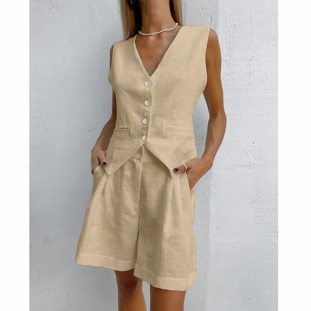 Current Season Style Blazer Vest Set Cotton Linen Fabric Minimalist Cut Women Suit Set Elegant Silhouette Office Friendly Match
