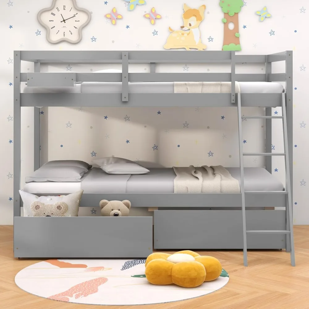 Bunk Bed Twin Over Twin with 2 Storage Drawers, Solid Wood Bunk Bed Frame with Storage Cube, Guardrails, Ladder, No Box Spring