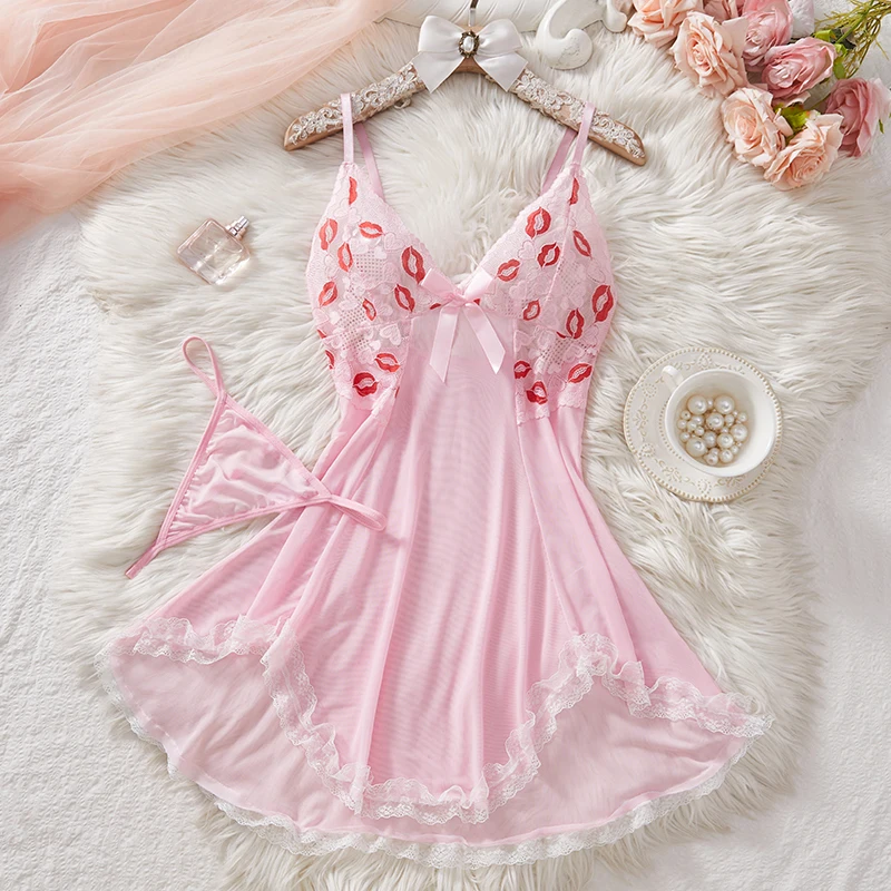 

Сексуальное женское белье для женщин, розовое кружево, прозрачный глубокий V-образный вырез, открытый бюстгальтер, пижамы, лоскутное платье Babydolls, комплект одежды для сна, эротические костюмы