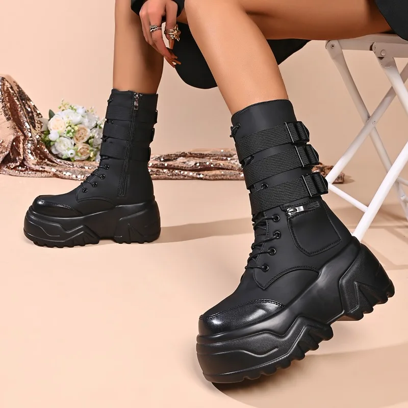 

Combat Boots with Extremely Thick Sole 9 Centimeters High Women Spring 2026 Fashion Show English Style Thick Mid-calf Boots