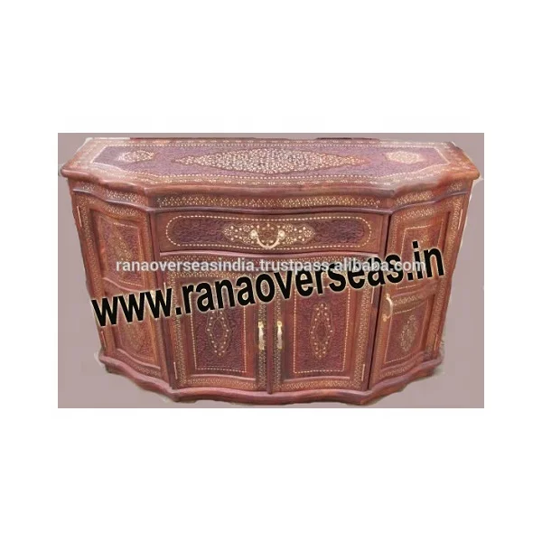 

Four Door And One Drawers Hand Carved Luxury Wooden Chest With Brass Inlay Design For Home Decor