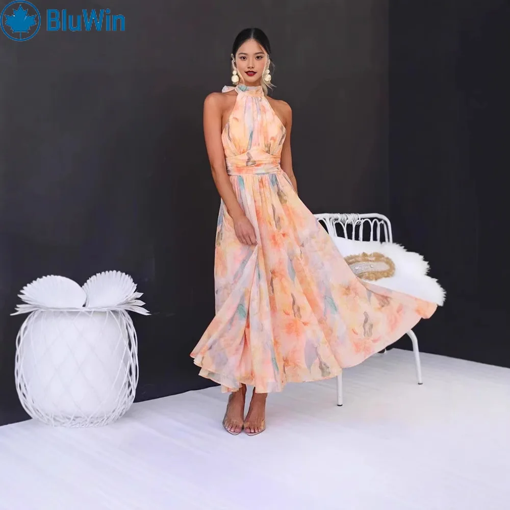 Sukienka BluWin&ZAF w stylu francuskim, kwiatowa, dopaminowa, damska, kolorowa sukienka maxi na ramiączkach, elegancka letnia sukienka na imprezę.