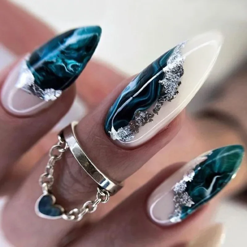 24Pcs Colorful Flower Nails Set Press on Wearable Fake Nail Almond Design Long Stiletto French False Nails Full Cover Manicure