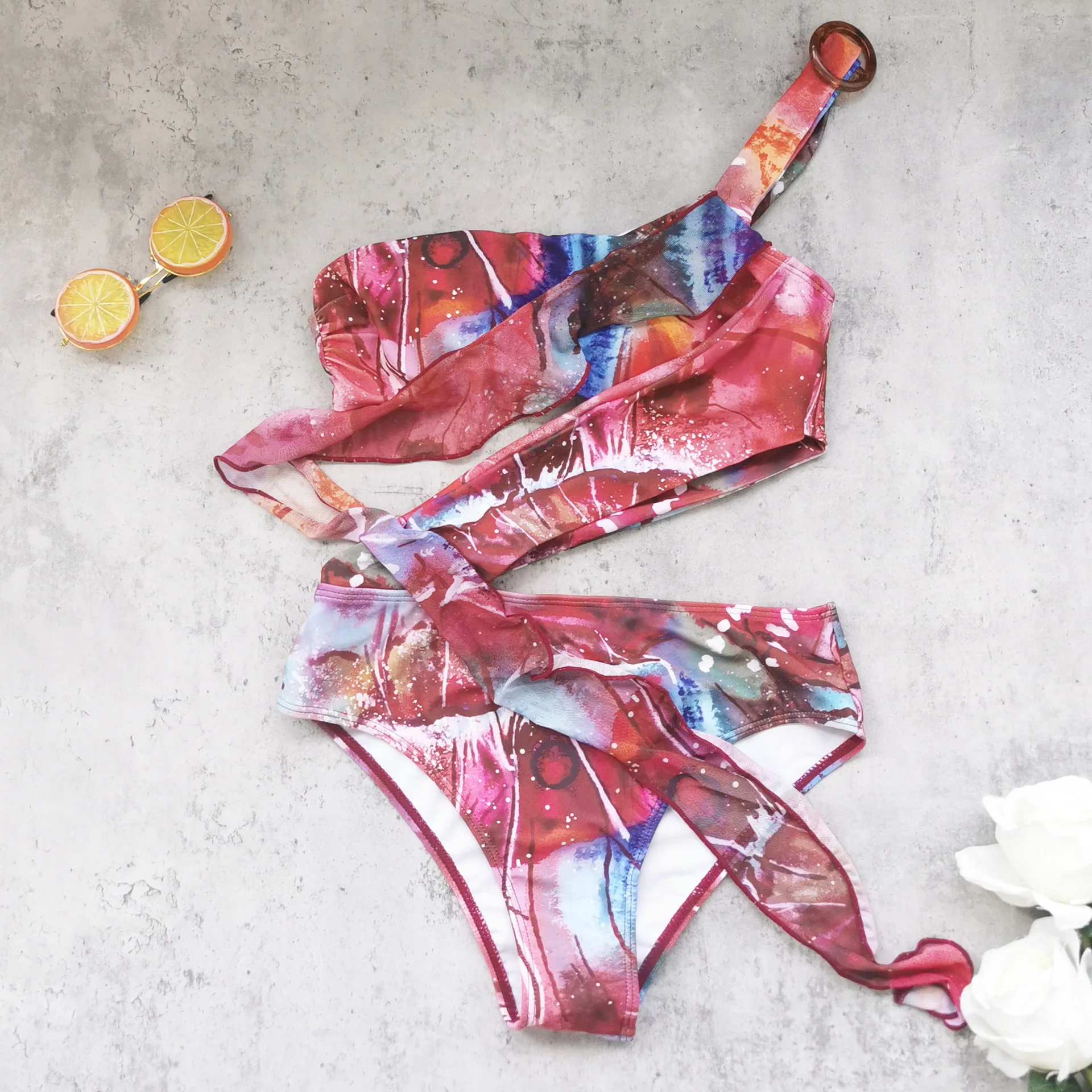 2025 novas estampas retrô de alta qualidade maiô de uma peça e saia impressão um ombro conjunto biquíni feminino roupa de banho