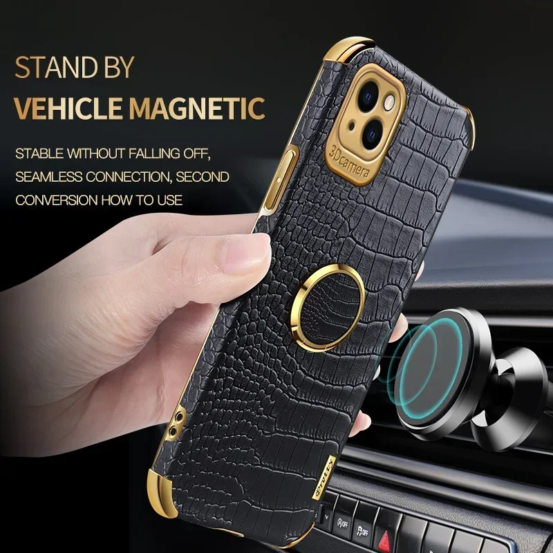 Fashion Crocodile Pattern Leather Phone Case For iPhone 16 15 14 13 12 11 Pro Max XS XR 7 8 6S SE Back Cover With Stand And Ring