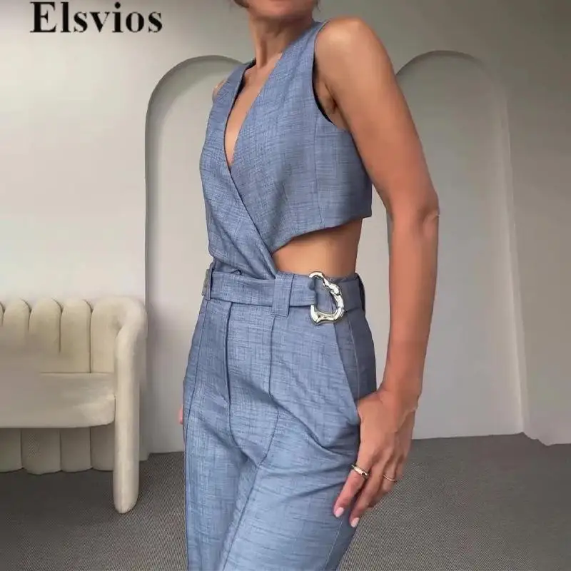 Elegant Solid Color Pocket Two Piece High Street Sleeveless V-neck Blouse Tops&High Waist Pants Set 2024 Women Navel Sexy Outfit