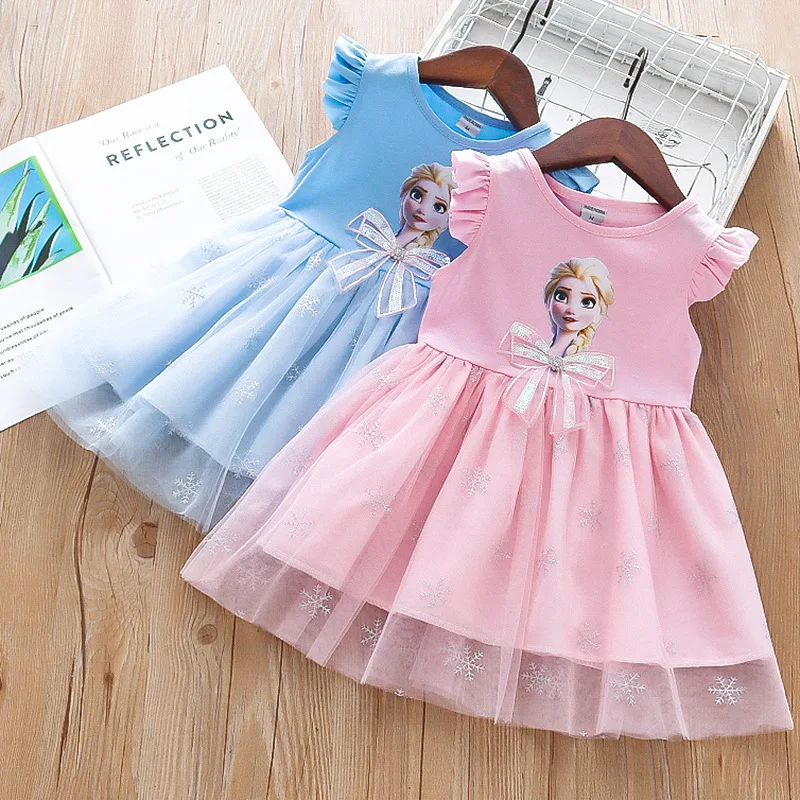 Kawaii Anime Disney Frozen Elsa Princess Dress Cartoon Cute Summer Comfort Leisure Bow Knot Vest Round Neck Mesh Skirt Girl Gift