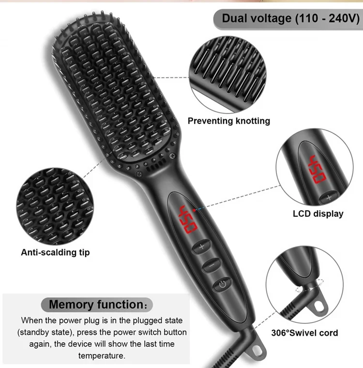 Hair Straightener for Women Hot Comb Anti-Scalding Hair Brush Ceramic Heating Lcd Display Dual Voltage Silent Hair Straightener