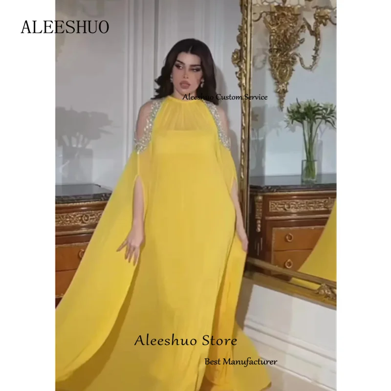 Aleeshuo Junoesque gaun malam A-Line sifon leher tinggi gaun Prom manik-manik gaun pesta Formal lengan panjang vestidos 2024