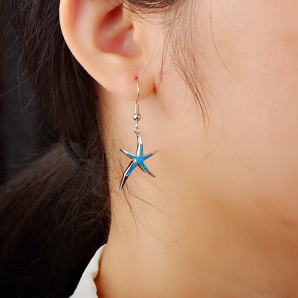 Ekopdee Cute Starfish Blue Imitation Fire Opal Drop Dangle Hook Earrings Womens Summer Beach Jewelry