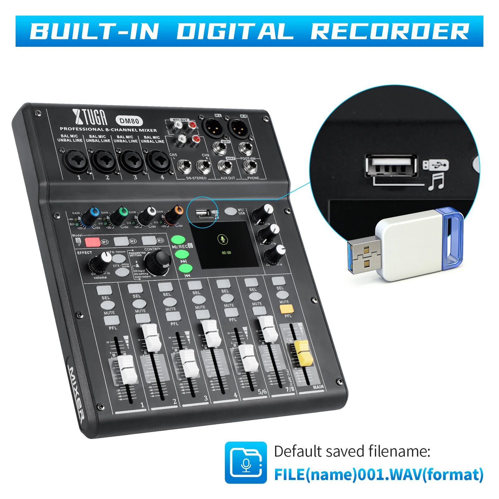 XTUGA DM80 Professional 8-Channel Metal Digital Audio Mixer with Built-In Effects and USB Recording