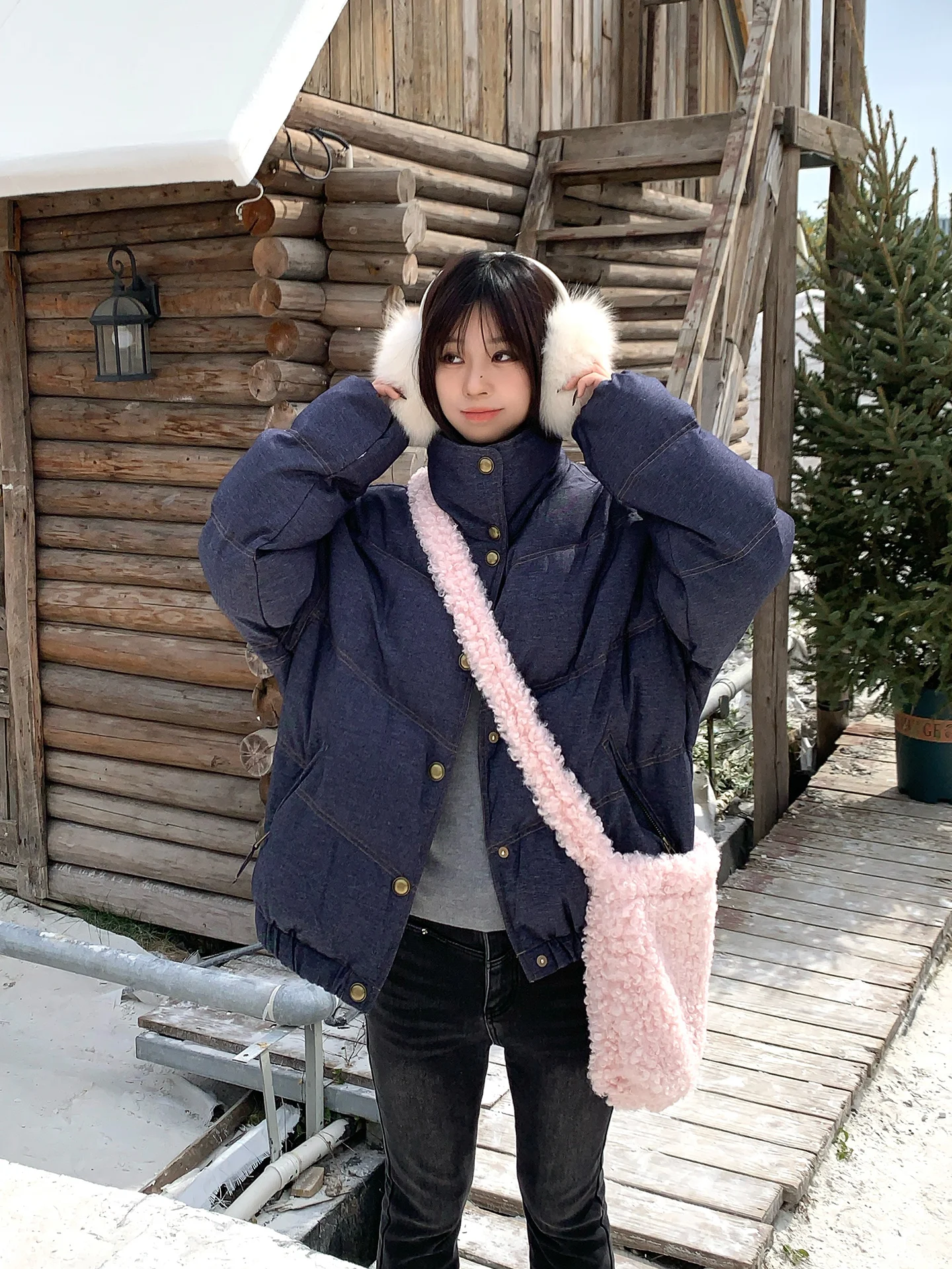 

Adan Women's ort Puffer Jaet Du down Denim Stand Collar Korean Sle Warmth Commute Faion White Du down Filling