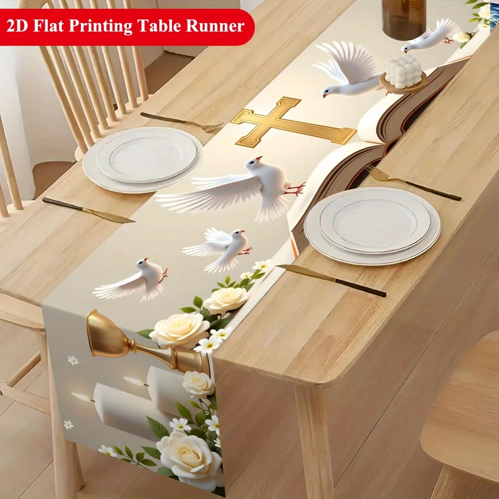 Camino de mesa con estampado 2D de palomas y Biblia, decoración de mesa para mesa de comedor, mesa de café, reuniones familiares, fiestas en interiores y exteriores