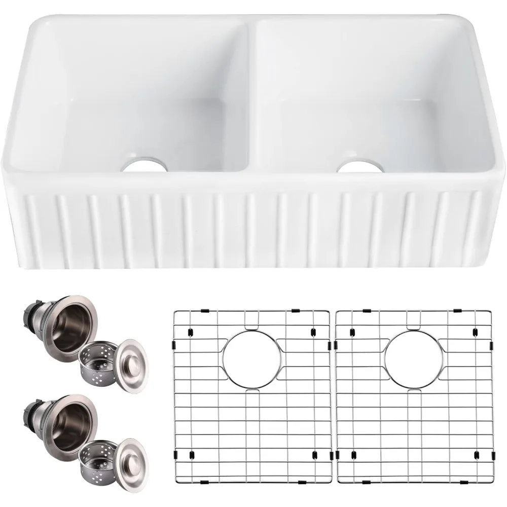 Double Bowl Kitchen Sinks 33 inch White Kitchen Sink 50/50 Apron Front Ceramic Fireclay Farmhouse Sink, 33