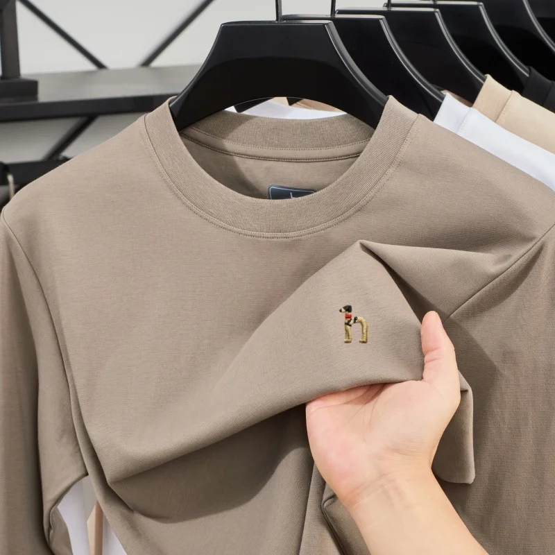Spring and Autumn Hot Selling Exquisite Embroidery Design Comfortable Round Neck Non Trace Long Sleeve Men's Solid Color T-shirt