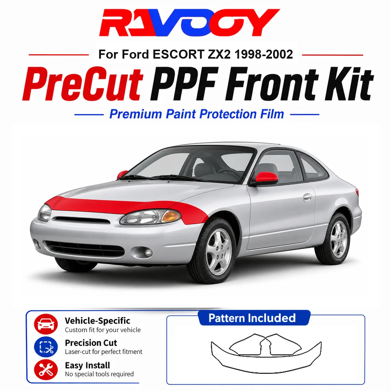 

8.5mil TPU Precut PPF Kit For Ford ESCORT ZX2 1998-2002 - Hood, Fenders & Mirror Set - Self-Healing Clear Bra Film