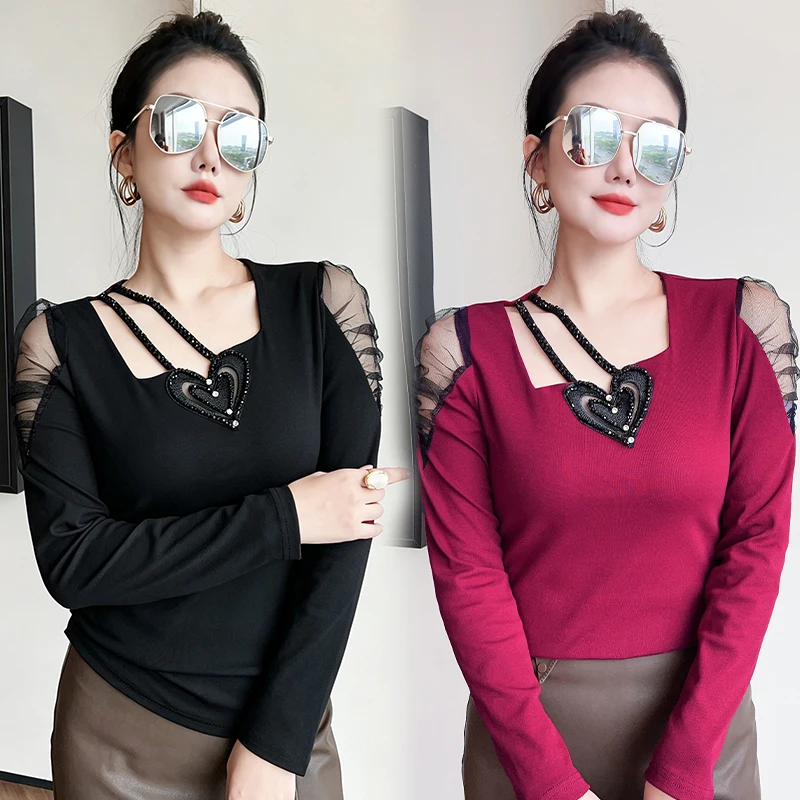 MadBlack-Women European T-Shirt, Sexy Square Collar Beading, Hotsweet Puff Sleeve Slim M-3XL Knit Tee, 2026 Autumn New T69336CC