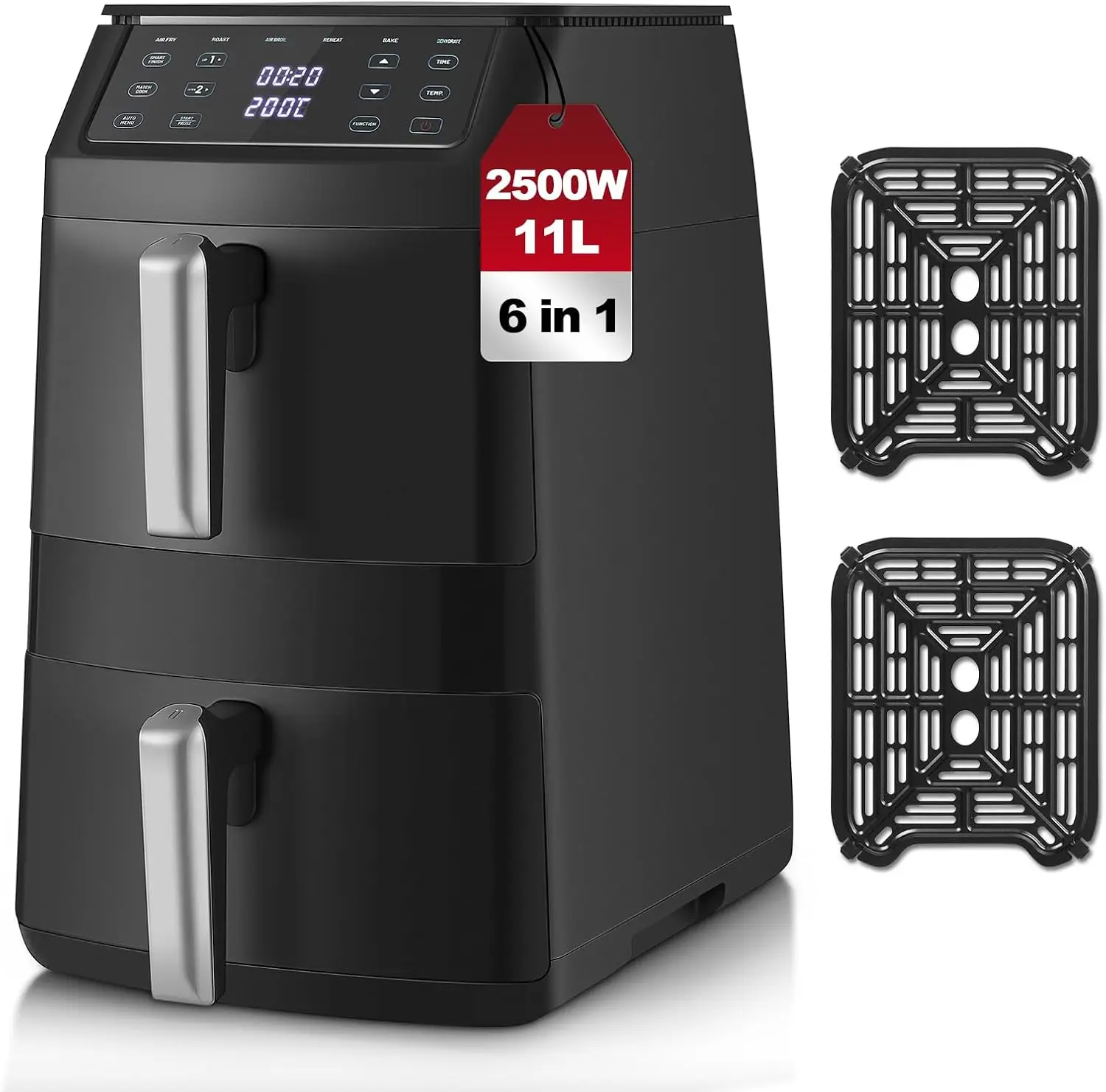 TopStrong 11L Dual Basket Airfryer, 2500W, 8 voorinstellingen, 6-in-1 functies, onafhankelijke dubbele kookzones, ruimtebesparend ontwerp