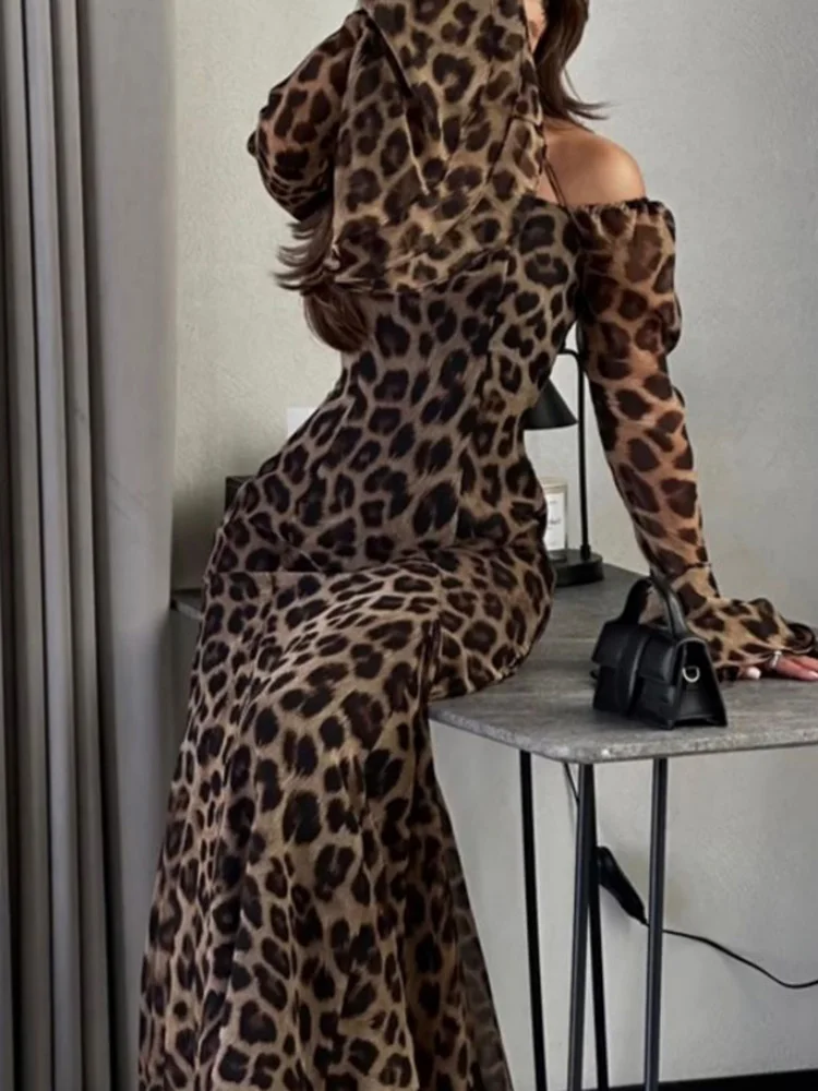 

Long Flare Sleeve Patchwork Simple Maxi Dress, Women Spring Summer Slash Neck Chic Maxi Dress, 2025 Leopard Printed Ladies Dress