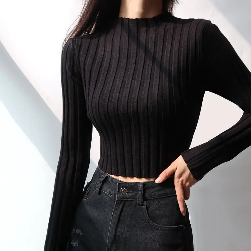 Fashion Knit Stand Collar Pullover For Women Sexy Long Flare Sleeve Slim Fit Cop Sweater Short Top 2023 Autumn Streetwear