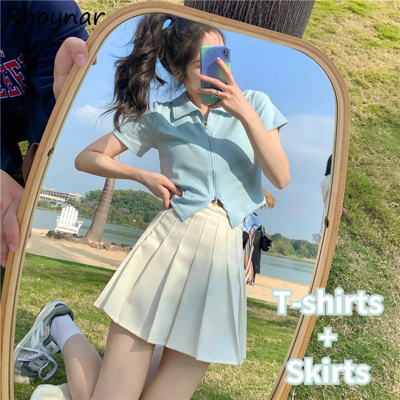 

Women Sets Cropped T-shirts Pleated Skirts Zipper Chic Ulzzang Sweet Tender Mujer BF Female Casual Vacation Youth Preppy Stylish