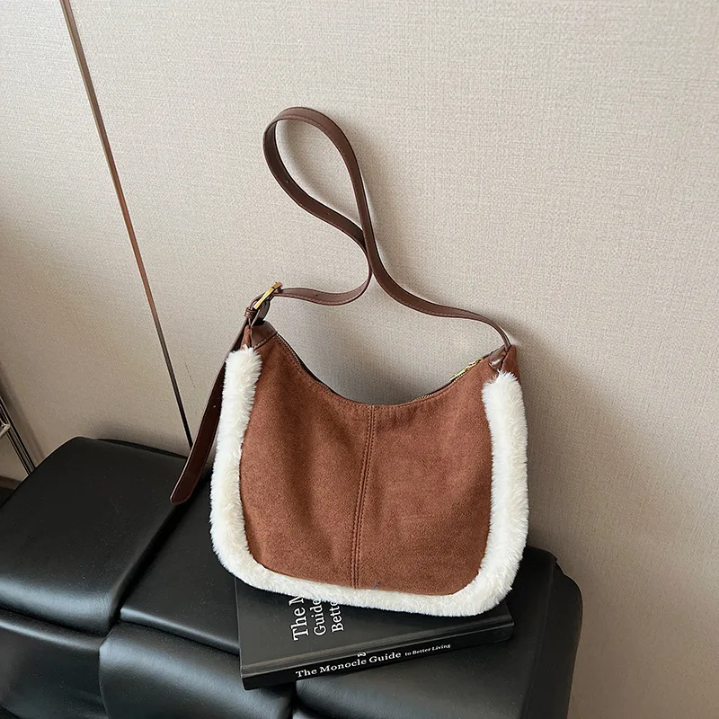 レディース-スエード-フェイクファー-ホーボーバッグ-大容量-シングルショルダー-クロスボディバッグ-カーキ-ブラウン-ブラック-秋冬用