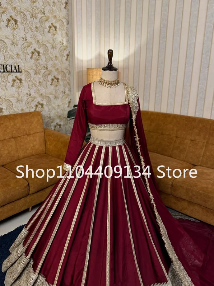 Borgoña granate Lehenga vestidos formales de graduación tres piezas Bridalasia indio vestido de fiesta de noche de manga larga personalizado