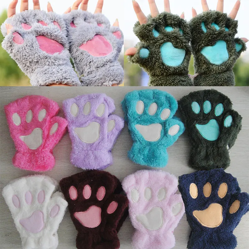 Winter Faux Fur Gloves Women Bear Plush Cat Paw Claw Gloves Fingerless Mittens Half-finger Gloves Christmas Halloween for Girls