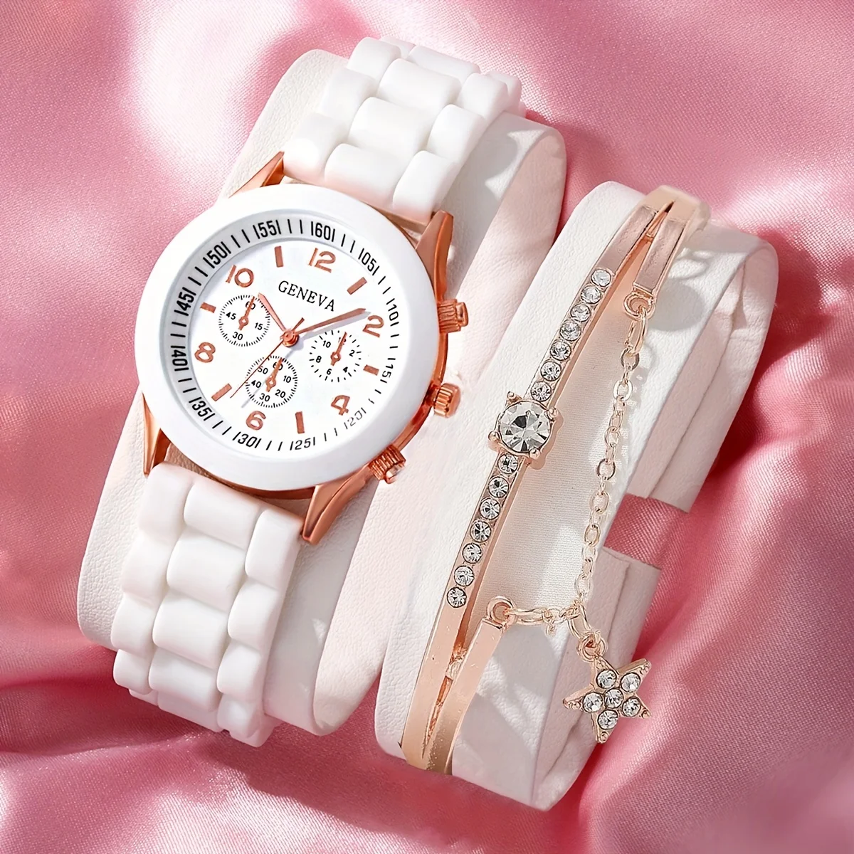 Casual Round Pointer Quartz Watch Silicone Fashion Analog Wrist Watch & 1pc Star Bracelet, Gift For Women Girls Her