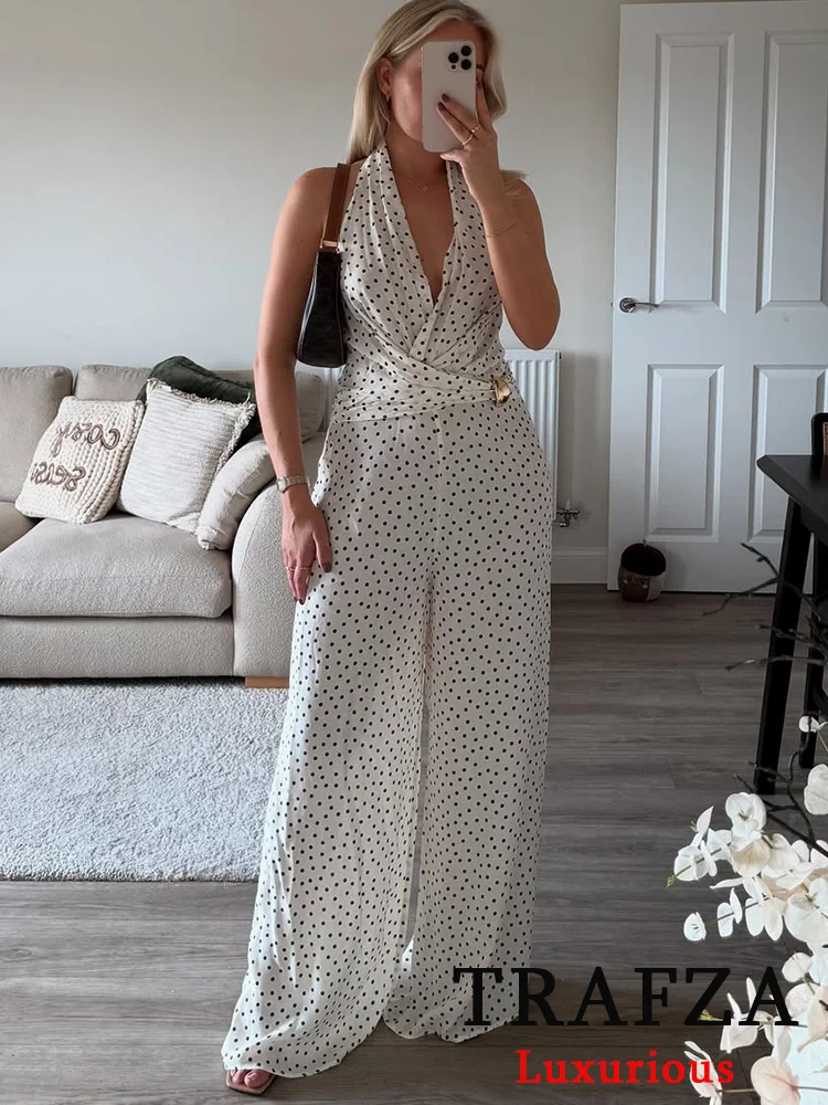 

TRAFZA Fall Sexy Chic Women Jumpsuit Dot Halter Backless Zipper Long Loose Pants New Fashion 2025 Autumn Holiday Chic Bodysuit